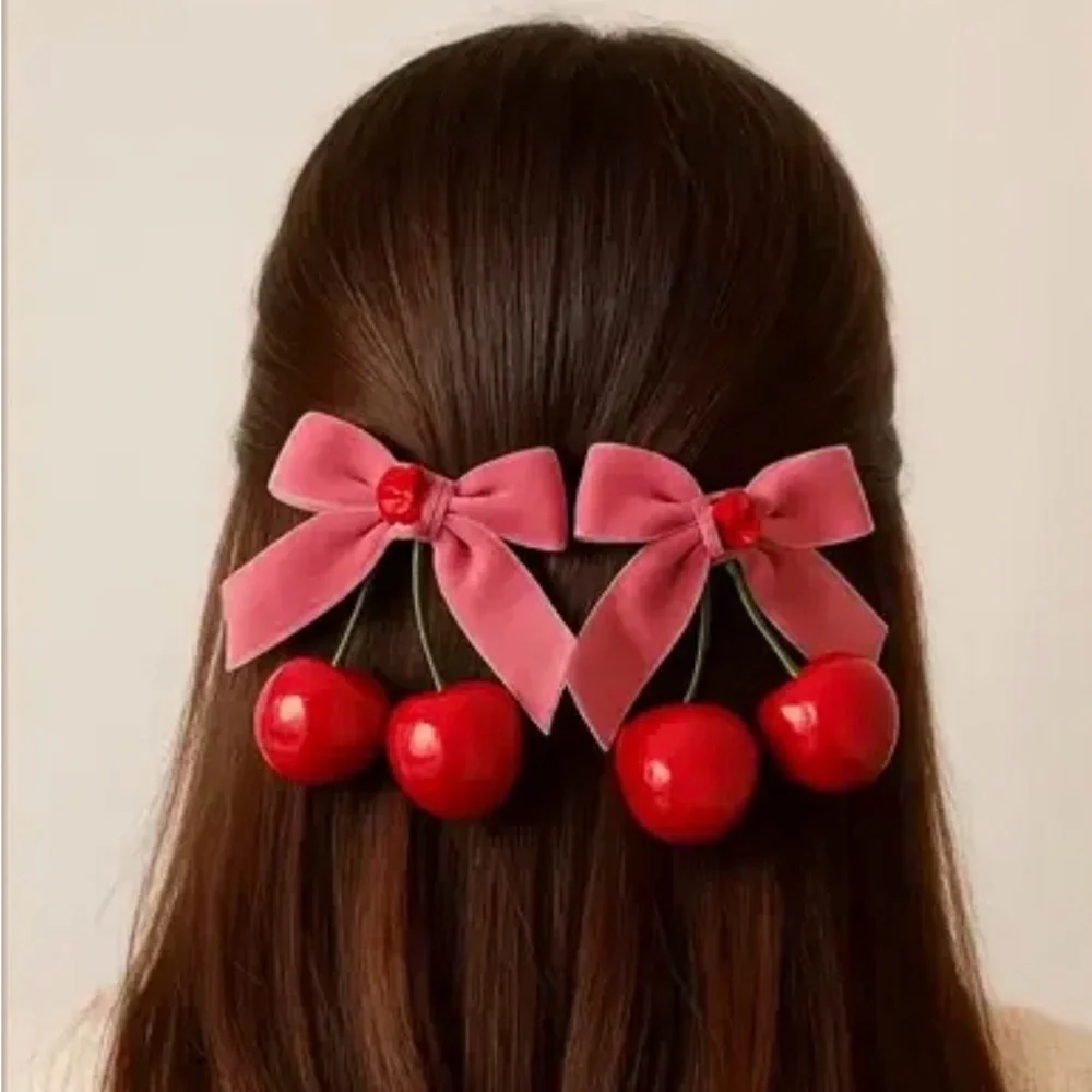 It Girl Pink Cherry Hair Clips with Velvet Ribbon Bow Set of 2 Barrettes New - Picture 7 of 11